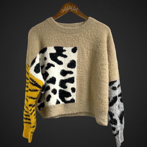 Elan Animal Print Color Block Sweater Nylon Plush Eyelash Medium - Picture 1 of 7